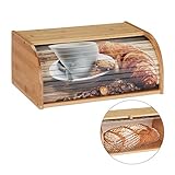 Relaxdays Brotkasten Bambus, Rolldeckel mit Motiv, aromadichte Brotaufbewahrung, mit Ablagefläche, HBT 17x40x27cm, natur