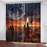 Vorhang Blickdicht Mit Ösen, 3D Sternenhimmel Berg Fluss Landschaft Druck Verdunklungsvorhänge, Thermogardine Für Schlafzimmer Wohnzimmer Kinderzimmer Küche Fensterdekoration 2Er Set 260X240cm (BxH)