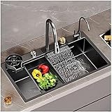 Küchenspüle, Schwarze Professionelle Spüle Edelstahl 304, Wäschespüle, Professionelle Spüle Edelstahl, Raindance Nano-Wasserfallspüle Herausziehbarem Wasserhahn, C,75 * 45 * 23CM