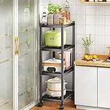 SAYZH Küchenregal Stehend, 4 Etagen Schmales Regal mit Rollen, Metallregal Schwarzl mit Rollen und Rutschfesten Füßen für Garage, Küche, Büro, Bücherzimmer, Ecke, Schwarz