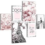 Bilder Set - AUFHÄNGFERTIG - KEIN EXTRA RAHMEN BENÖTIGT - Fashion Coco Modern Grau Rosa - Wohnzimmer Mädchen Teenager N002463a