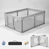 Laufstall Baby Faltbar mit Matte, 120x160 Großer Laufgitter mit atmungsaktivem Netz und Reißverschluss, Tragbarer Laufstall für drinnen und draußen (Grau)