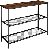 TecTake Konsolentisch aus Holz und Metall, Industrie-Design, schmaler Vintage Flurtisch mit 2 Gitterablagen, schwarzer Metallrahmen (Industrial Dunkelbraun)