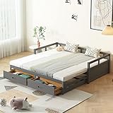 FEZTOY Tagesbett Ausziehbar Schlafsofa Holz Bett Bettgestell Bettsofa Gästebett Jugendbett mit Schublade und Lattenrosten Einzelbett/Doppelbett ohne Matratze (Grau)