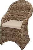 korb.outlet Moderner Esszimmer-Sessel/Korbsessel aus Grauem Natur-Rattan mit Sitzkissen