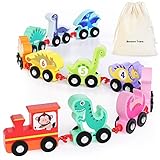 HELLOWOOD Dinosaurier Zug Set mit Ziffern 0-10, Bunter Zahlenzug Eisenbahn Pädagogisches Spielzeug Geschenk für Baby Jungen Mädchen Alter 2 3 4 Jahre