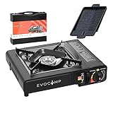 EVOCAMP Gaskocher 1-flammig und Grillplatte BBQ eckig 38 cm, Campingkocher für Gaskartuschen MSF-1a 227g, Camping Herd mit Tragekoffer - Ideal für Outdoor-Aktivitäten wie Camping oder Wandern