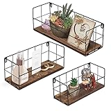 HORLIMER Rustikales Schweberegal, Wandregal mit schwarzer Metall Gitter zur Wandmontage für Wohnzimmer Badezimmer, Arbeitszimmer, Küche und Flur, 3 Stück für Länge 27/33/40 cm