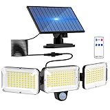 LOTMOS Solarlampen für Außen mit Bewegungsmelder, 3 Köpfe 224 LED Solar mit Bewegungsmelder 270° Beleuchtungswinkel Solar Strahler Außenleuchte IP65 Wasserdichte 3 Modi mit 5M Kabel mit Fernbedienung