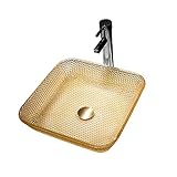 Badezimmer-Waschbecken, Waschtisch,Glas-Waschbecken,quadratisches,gelbes Waschbecken auf der Arbeitsplatte,Schüssel über dem Waschbecken auf der Theke,Kunstwaschbecken mit Wasserhahn und Pop-up-Ablauf