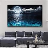 BIEMBI Moderner Mond auf dem Meer, Landschaft, Leinwandgemälde, Stretch-Poster und Druck, Wandkunst, Bild für Wohnzimmer, Heimdekoration, 50 x 70 cm, mit Rahmen