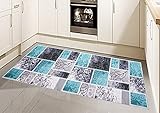 Küchen Teppich modern Flachgewebe Gel Läufer Karo Muster türkis grau Creme Größe 80x150 cm