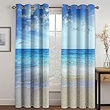 Verdunkelungsvorhang 3D Blauer Strand Landschaft Vorhänge Mit Ösen, Blickdicht Gardinen Kinderzimmer Schlafzimmer Wohnzimmer Thermovorhang Für 280x260 Cm Fenstervorhänge Set Mit 2 Platten Druck