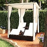 Homgoday Doppelliege Sonnenliege Gartenliege Liege Relaxliege Strandliege Freizeitliege mit Überdachung und Vorhang für Terrasse Balkon Garten Poly Rattan Braun