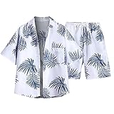 wjiNFDFG Herren Weste Langarm Herren-Sets Casual Button Down 2-teiliger Anzug Blumenmuster bedrucktes Sommerhemd für den Urlaub Anzug Beutel