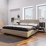 Merax Holzbett Doppelbett Bettanlage mit 2 Nachtkommoden, 160 x 200 cm Modernes Bett mit Lattenrost und Kopfteil, Schlafzimmer Komplett Set in Eiche Sonoma & Dunkelgrau, für Erwachsene & Jugendliche