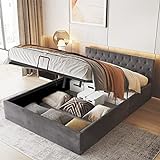 VORAE Bett mit Bettkasten Samt-Stoff Polsterbett Lattenrost Doppelbett Stauraum Holzfuß, Grau, 140 x 200 cm