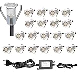 20er Set Mini Treppen Einbaustrahler Ø18mm 0.4W IP67 Wasserdichte 7LM Bodeneinbaustrahler LED Bodenstrahler Aussen und Innen Lampe mit 12V Netzteil für Garten Terrasse Treppen Beleuchtung Warmes Weiß