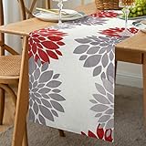 Velvhom Tischläufer Frühling Sommer Moderne Rot Grau Tischläufer Doppelt Strapazierfähig Dahlie Floral Tischmatten Läufer für Esstisch Hochzeit Geschenk Party Hochzeit Tischläufer Leinen 40x140 cm