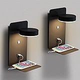 SENFAY LED Dimmbar Wandleuchte Innen Wandlampe mit schalter und USB Ladeanschluss & Ablage, Moderne Schwarz Bettlampe 350° Drehbar Leselampe 12W für Lesen Hotel Schlafzimmer, Nachtlicht (2 Pack)