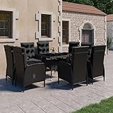 Tidyard 9-TLG. Garten Essgruppe 8 Personen, Polyrattan Sitzgruppe, Gartenmöbel Set, Esstisch mit Glas-Tischplatte & 8 Verstellbare Hochlehner-stühle, Biergartengarnitur, Schwarz Poly Rattan