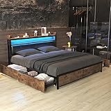 Oyemige doppelbett 140x200 mit lattenrost, bett140x200 aufbewahrungsfunktion, LED-Bett ，Jugendbett, mit 4 Schubladen, für Erwachsene & Jugendliche, Einfache Montage，Keine Matratze (Schwarz, 140*200)