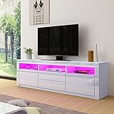 LED TV Schrank Modernes Hochglanz TV Board mit 2 Türen & 2 Schubladen Fernsehschrank für Wohnzimmer Schlafzimmer Möbel, Weiß, 160 x 35 x 60 cm