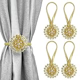 Magnetische Kristall Blume Vorhang Raffhalter,Dehnbare Vorhang Raffhalter Schnalle mit Federseil Dekorative Vorhanghalter Gardinenhalter Fensterdeko für Home Büro (4 Stück, Gold)