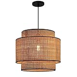 BBAUER Runde Doppellagige Deckenleuchte Hängelampe Aus Natürlichem Rattan Lampenschirm Aus Dem Mittleren Jahrhundert, Rustikale Korb-Hängeleuchte Pendelleuchte 1 Licht Für Küche, Wohnzimmer, Café