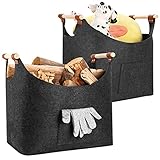 yamagahome 2 Stück XXL Kaminholzkorb mit Aufbewahrungstasche, Faltbar Groß Holzkorb für Kaminholz, Feuerholzkorb mit verstärktem Holzgriff Filztaschen Shopper für Brennholz, 45 x 32 x 40 cm,Grau