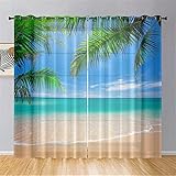 Hiseng Schiebegardinen Voile Vorhang Gardinen 2er Set Ozean Druck Sheer Schiebevorhänge Lichtdurchlässig Flächenvorhänge für Wohnzimmer Schlafzimmer Fensterschal (140x244cm,Palmenblatt)