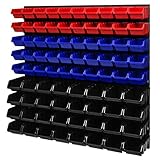 Stapelboxen Wandregal 772 x 780 mm - Lagersystem Sichtlagerkästen Schüttenregal - Wandplatten 82 Stück Boxen (Rot/Blau/Schwarz)