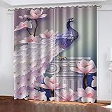 Vorhänge Blickdicht Gardinen Wohnzimmer Verdunkelungsvorhang Schlafzimmer Kinderzimmer Thermovorhang 3D Rosa Pfau Muster Ösenschal 2Er Set Fensterdekoration 220X214cm