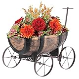 Blumenwagen Whiskyfass - Pflanzwagen auf rädern, Gartendeko Blumentopf Barel - realistischer Blumentopf Holzoptik - Blumentopf Planzschubkarre für Innen- und außen -Maße Pflanzfläche 41x29x19 cm