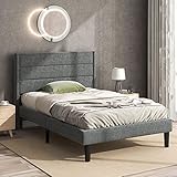 Merax Polsterbett Einzelbett | 90 x 200 cm | Bettgestell | Lattenrost | Kopfteil | Leinen | Grundstil | Erwachsene Jugendliche | Ohne Matratze | Grau