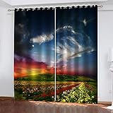 GSKOQD Vorhang Blickdicht Ösenschal 2Er Set 240X230Cm (B X H) Gardinen Mit Ösen Verdunkelungsvorhang Wohnzimmer Kinderzimmer Thermovorhang Vorhänge Digitaldruck 3D Sonnenuntergang Blumenmeerlandsch