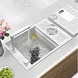 Waschbecken Unsichtbares kleines Einzelwaschbecken für Bartheke, Arbeitsstation, Spüle, Küchenspüle mit Glasscheibe, Inselküche, Mini-Gemüsespüle (Farbe: Weiß, Größe: 60 x 40 x 22 cm)