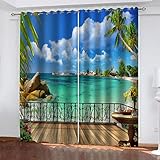 TEMKIN Vorhang Blickdicht Schlaufen, 3D Balkon Meerblick Muster Ösenvorhang 2Er Set, Verdunkelungsvorhang Schlafzimmer Mit Ösen, Thermogardine Wohnzimmer Modern Fensterdekoration 210X264cm