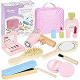 Kinderschminke Set Spielzeug Holz, Kleinkinder-Schönheitssalon-Set, 12-teiliges Make-up-Spielset mit Haartrockner, Spiegel, Parfüm und Aufbewahrungstasche