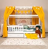 ALAVYA HOME® 3-TLG Hausbett Deko Set mit 2 Stück Betthimmel I 1 Stück Wimpelkette 300cm cm lang für Kinderbett Kinderzimmer I 100% Bio-Musselin Baumwolle I GOTS-Zertifiziert I 150 x 240 cm I Senfgelb