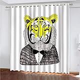 SATUSA Verdunkelungsvorhang Kinderzimmer Junge Mädchen Blickdichter Ösenvorhang 3D Cartoon-Tiger-Gentleman Muster Ösenschal 2Er Set 200X214Cm Vorhänge Schlafzimmer Thermo Gardinen Fensterdekoration