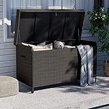 Grand patio Rattan Auflagenbox 678 Liter, 2 Gasdruckfedern Gartenbox mit Deckel, UV-beständig Aufbewahrungskiste mit Zwei Radern, Leicht Bewegen, Kissenbox für Garten, Balkon (Dunkel Braun)
