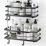 DIFULI Duschablage ohne Bohren, Duschablage Schwarz 2 Stück, Duschregal mit 4 Haken, Rostfrei Duschkorb ohne Bohren, Bathroom Organizer für Shampoo, Badezimmer Zubehör
