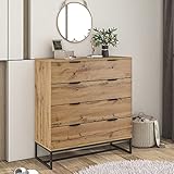 Sweiko Kommode mit 4 Schubladen, Eiche Farbe Sideboard, Schubladenkommode Holz Mehrzweckschrank für Flur Schlafzimmer Wohnzimmer Badezimmer