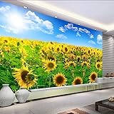 3D Tapetenmuster Blaue Wolken und weiße Sonnenblumenmuster Sonnenblumenfelder 3d Tapete Wanddekoration fototapete wandbild Schlafzimmer Wohnzimmer-200cm×140cm