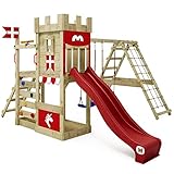 WICKEY Spielturm Ritterburg DragonFlyer mit Schaukel & roter Rutsche, Outdoor Kinder Kletterturm mit Sandkasten, Leiter & Spiel-Zubehör für den Garten