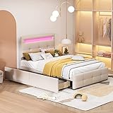 FEZTOY Polsterbett 90x 200 cm mit LED-Beleuchtung, 2 Schubladen, Lattenrost, hautfreundliche Bettwäsche Beige Bett Doppelbett Jugendbett, ohne Matratze (90x200-B)