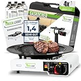 GREEN CAMP® Gaskocher mit Grillplatte inkl. 4x Gaskartuschen und Tragekoffer - Campingkocher mit Gaskartuschen für einzigartige Camping-Erlebnisse – Gaskocher Camping komplett Set mit Piezozündung