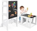 Dripex Lernturm Für Kinder Baby, Montessori Lernturm mit Tafel, Der Tritthocker Verwandelbar in Kindertisch und -Stuhl, Multifunktion, Sicherheit, Hochwertiges Holz, Weiß (Geometrieform)