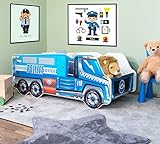 Alcube® Autobett 70x140 cm LKW Polizei mit Lattenrost und Matratze MDF beschichtet - mit Motivfolie beklebtes Spielbett Kinderbett 140x70 cm für kleine Polizisten - Blau